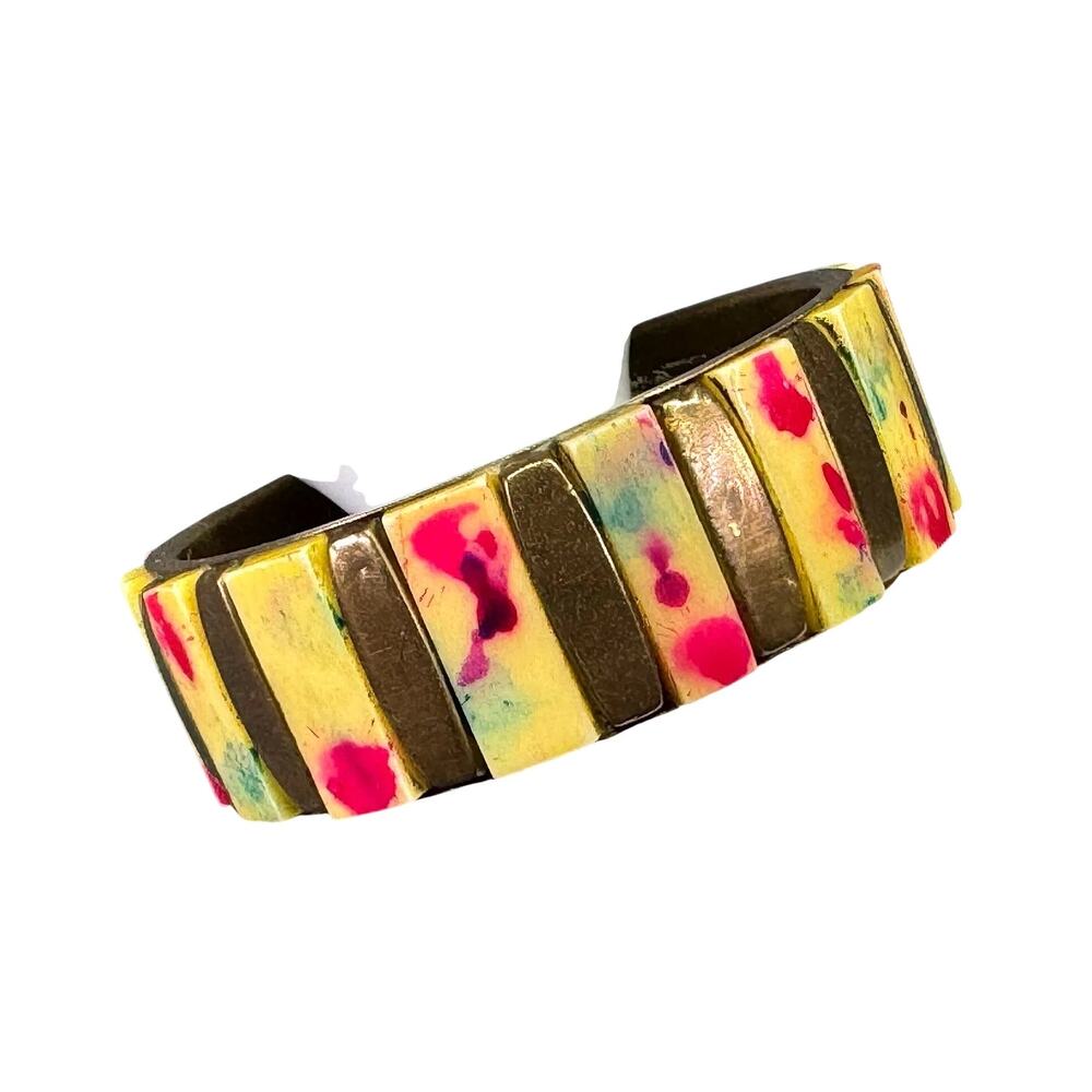Vintage Color Splatter Splash Painted Bone Inlay Brass Bangle Bracelet